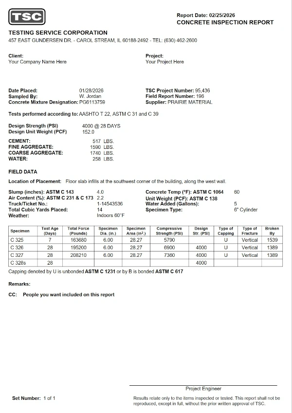 Example Concrete Cylinder Testing Report showing Compressive Strength